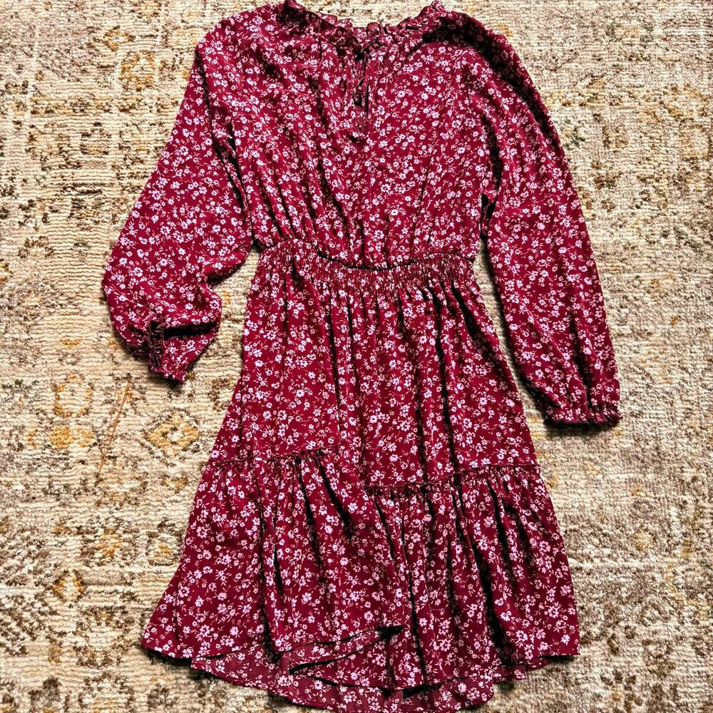 Boho Cottagecore Maroon Floral Tiered Mini Dress Long Sleeve Burgundy Ditsy L
